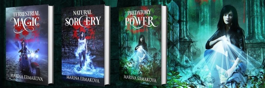 An image of three covers with a woman on them. Text reads "Terrestrial Magic, Natural Sorcery, Predator Power, Marina Ermakova"